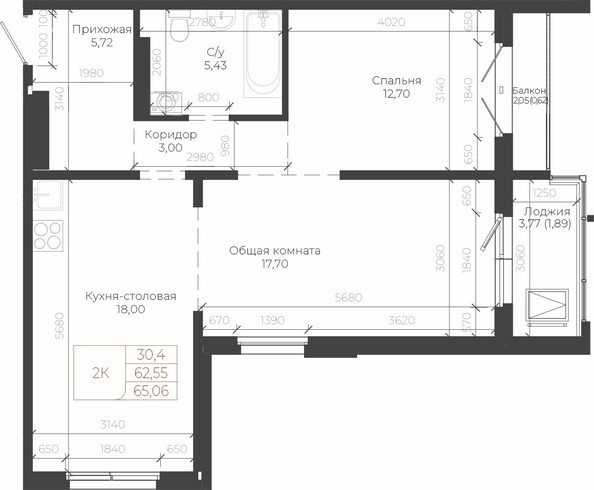 Планировка 2-комн 65,06 м²