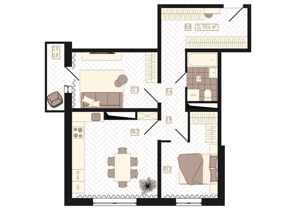 Планировка 2-комн 59,4 м²