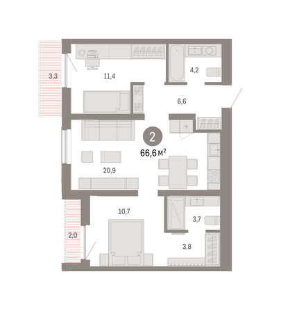 Планировка 2-комн 66,56 м²