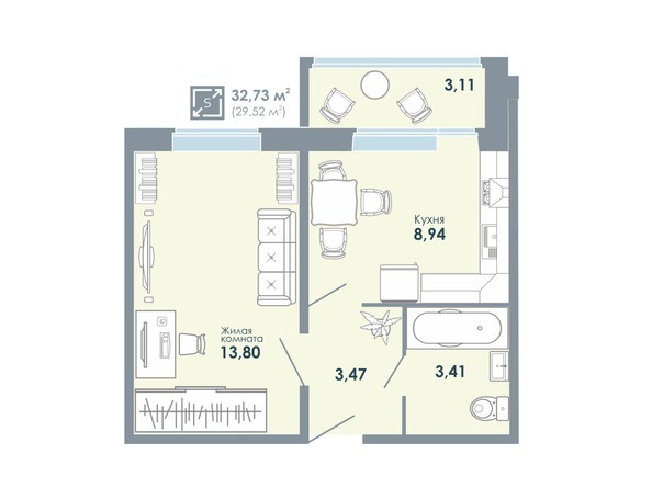 Планировка 1-комнатной квартиры 32,73 кв.м