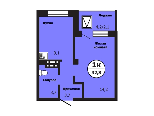 Планировка 1-комн 32,8 - 33,2 м²