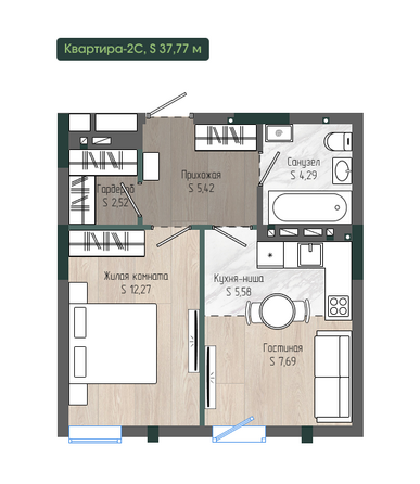 Планировка 2-комн 37,77 м²