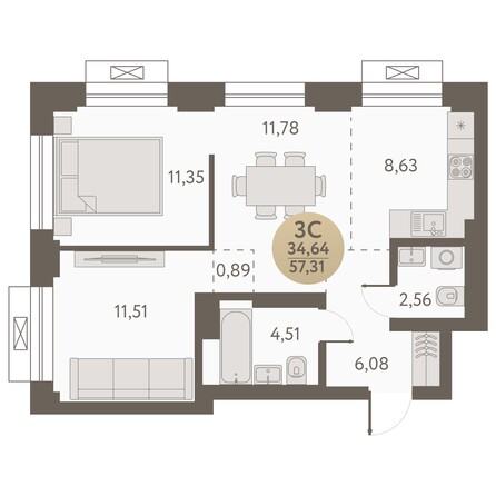 Планировка 3-комн 57,31 м²