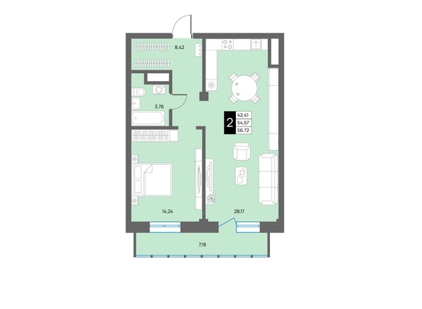 Планировка 2-комн 56,72 м²
