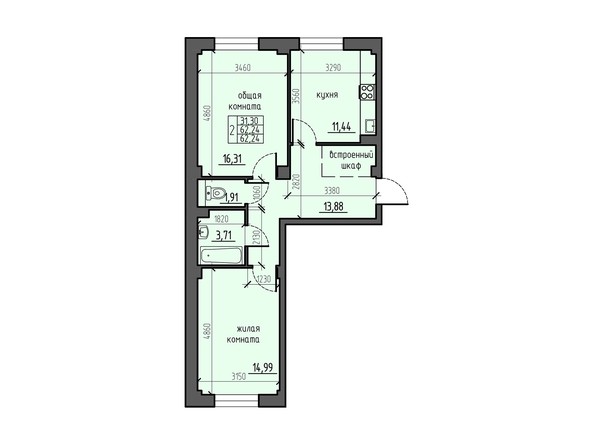 Планировка двухкомнатной квартиры 62,24 кв.м