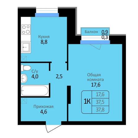 Планировка 1-комн 37,8 м²