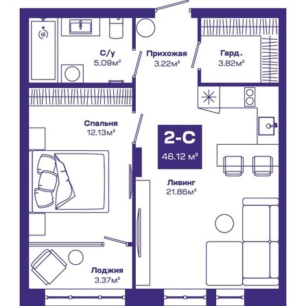 Планировка 2-комн 45,95 - 46,22 м²