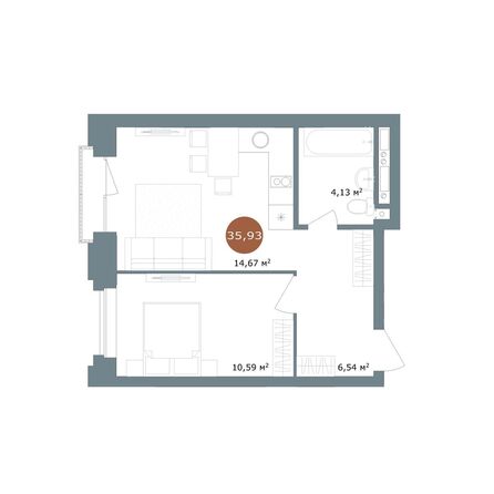 Планировка 2-комн 35,93 м²