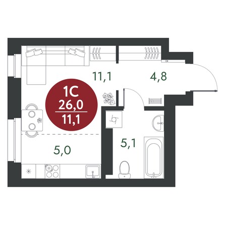 Планировка Студия 26 м²