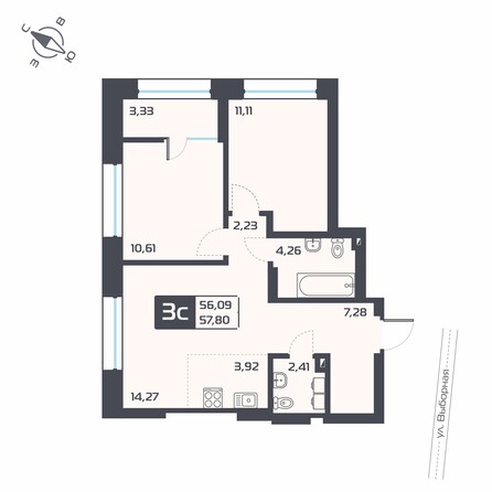 Планировка 3-комн 57,76 м²