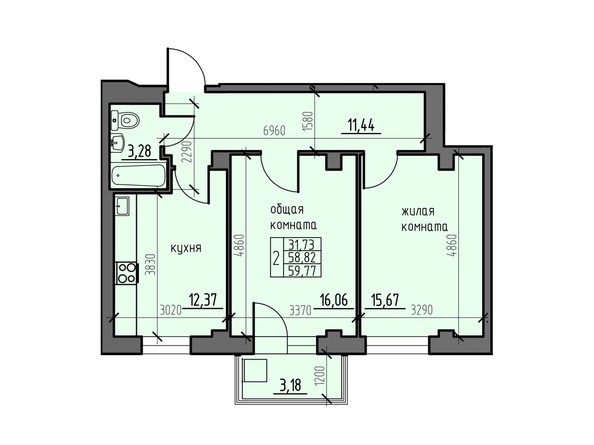 Планировка двухкомнатной квартиры 59,77 кв.м