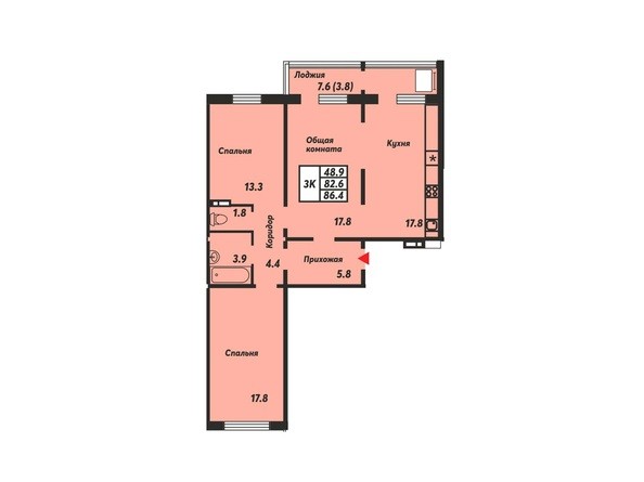 Планировка 3-комнатной квартиры 86,4 кв.м