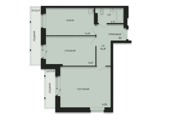 Планировка 2-комн 69,13, 69,38 м²