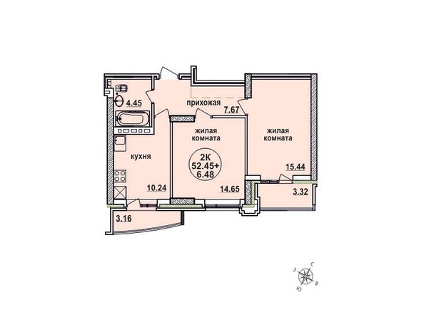 Планировка двухкомнатной квартиры 52,45 кв.м