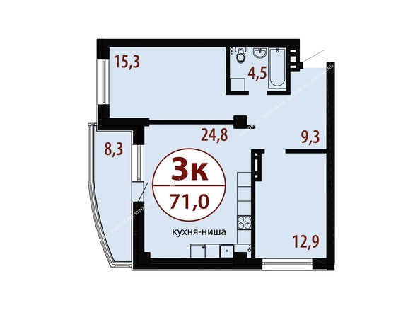 Секция 2. Планировка трехкомнатной квартиры 71,0 кв.м
