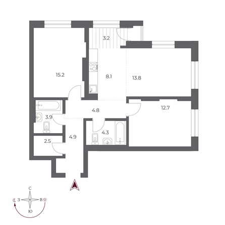 Планировка 3-комн 73,4, 73,6 м²