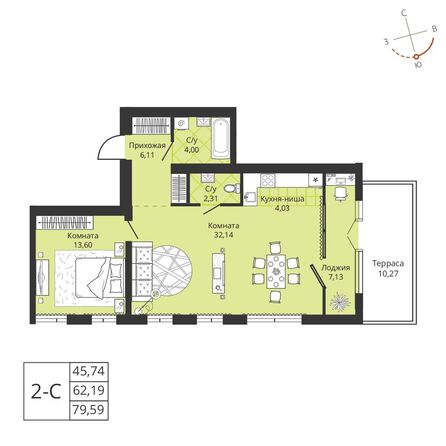 Планировка 2-комн 62,19 м²