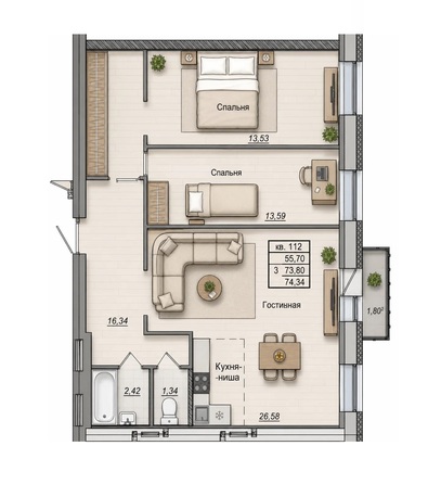 Планировка 3-комн 74,34 м²