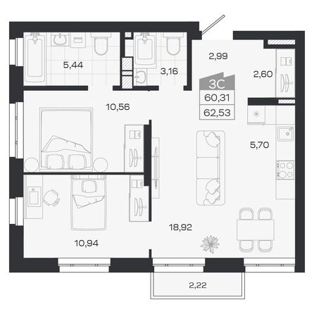Планировка 3-комн 60,31 м²