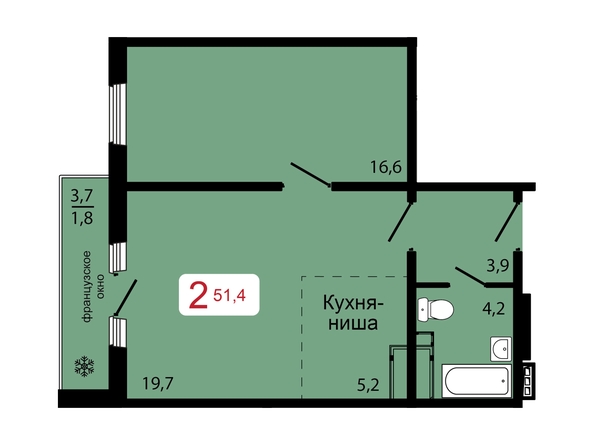 Планировка 2-комн 51,4 м²