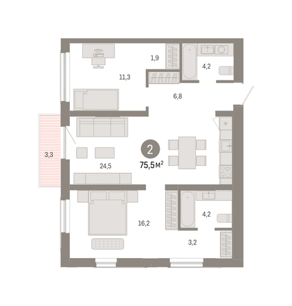 Планировка 2-комн 75,54 м²