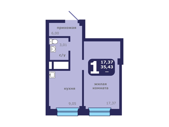 Планировка 1-комн 35,43 м²