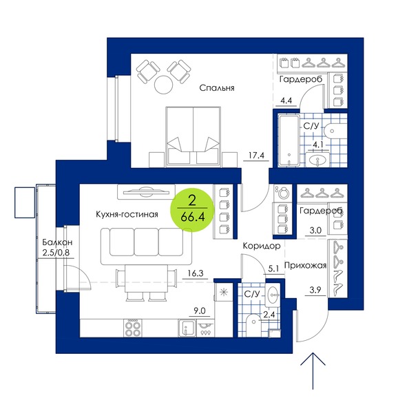 Планировка 2-комн 66,4 м²