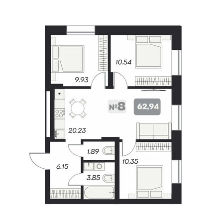 Планировка 4-комн 62,94 м²