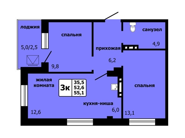 Планировка 3-комнатной квартиры 55,1 кв.м