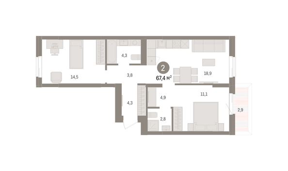 Планировка 2-комн 67,36 - 68,82 м²