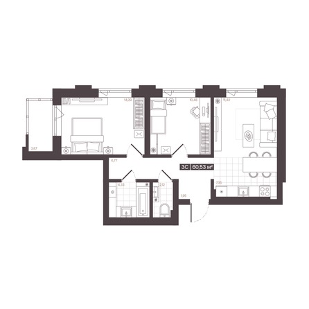 Планировка 3-комн 60,53 м²