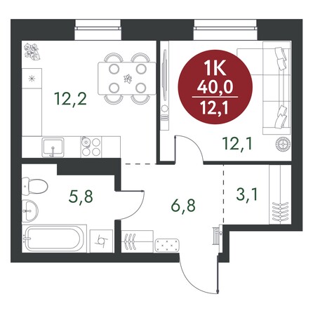 Планировка 1-комн 40 м²