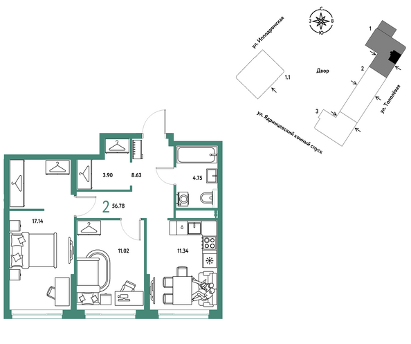 Планировка 2-комн 56,78 м²