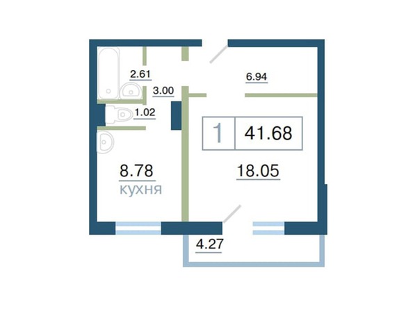 Планировка 1-комн 41,68 м²