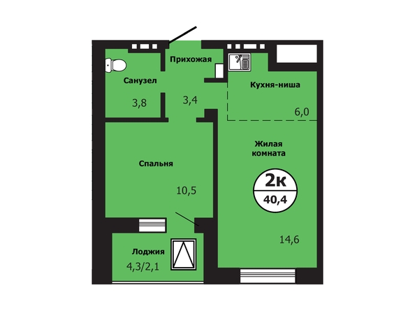 Планировка 2-комн 40,4, 40,5 м²