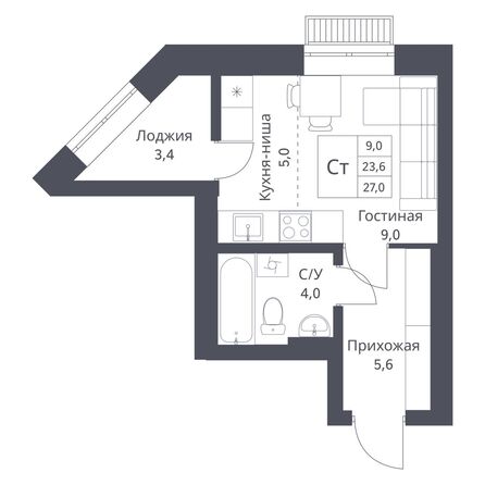 Планировка Студия 27 м²