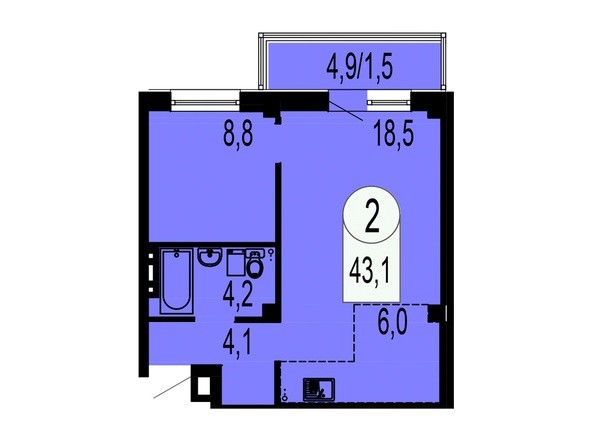 Планировка 2-комнатной студии 43,1 кв.м