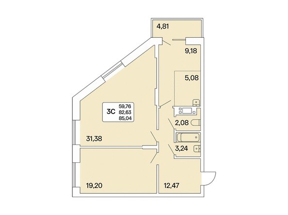 3-комнатная 85,04 кв.м