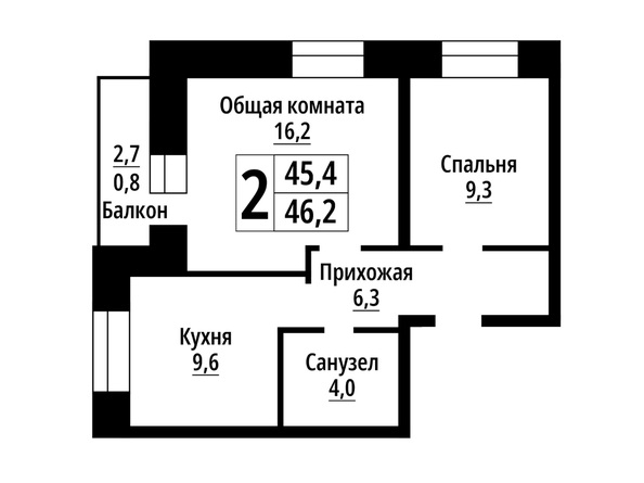 Планировка 2-комн 46,2 м²