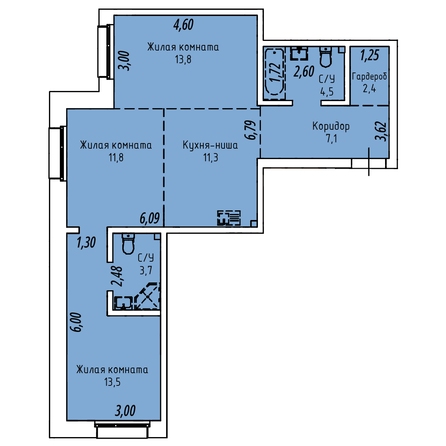 Планировка 3-комн 67,4 - 68,1 м²