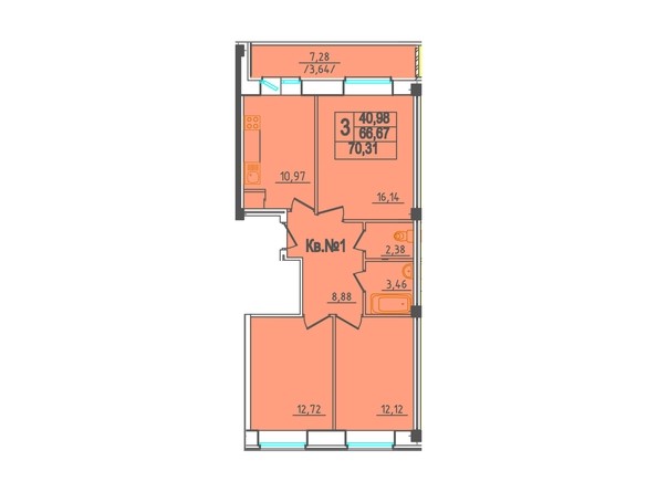 Планировка 3-комнатной квартиры, 70,31 кв.м