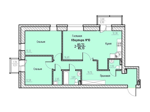 Планировка двухкомнатной квартиры 85,13 кв.м