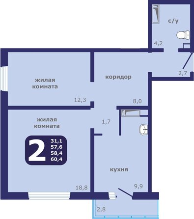 Планировка 2-комн 60,4 м²
