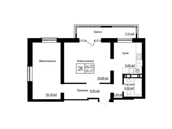 Планировка двухкомнатной квартиры 58,07 кв.м