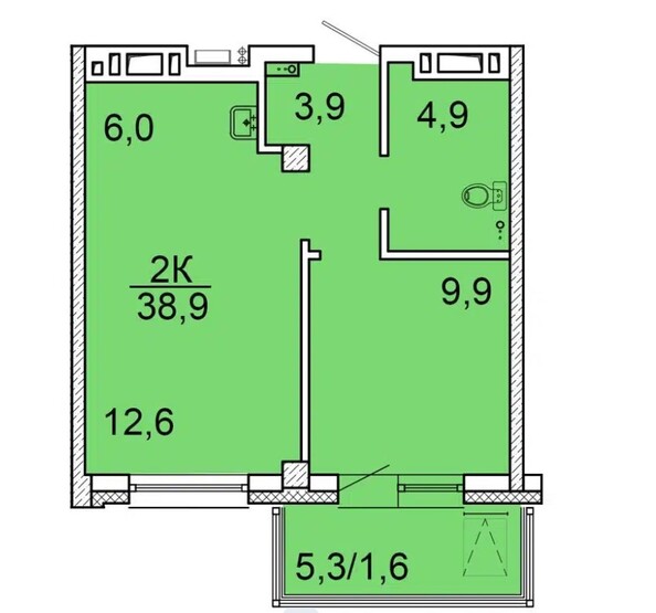 Планировка 2-комн 38,3, 38,9 м²