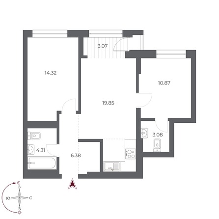 Планировка 2-комн 62,4 м²