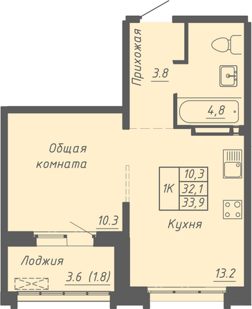 Планировка 1-комн 33,9 м²