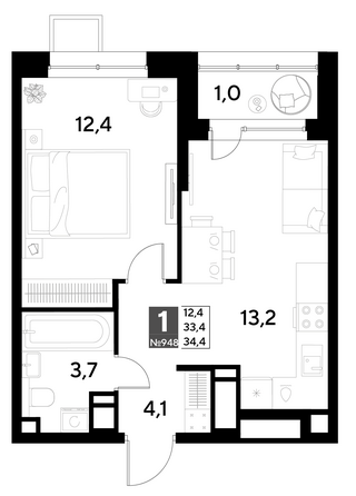 Планировка 1-комн 34,4 м²