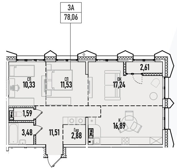 Планировка 3-комн 78,06 м²