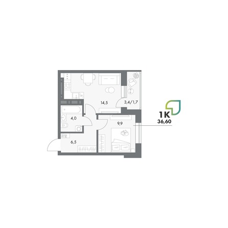 Планировка Студия 36,6 м²